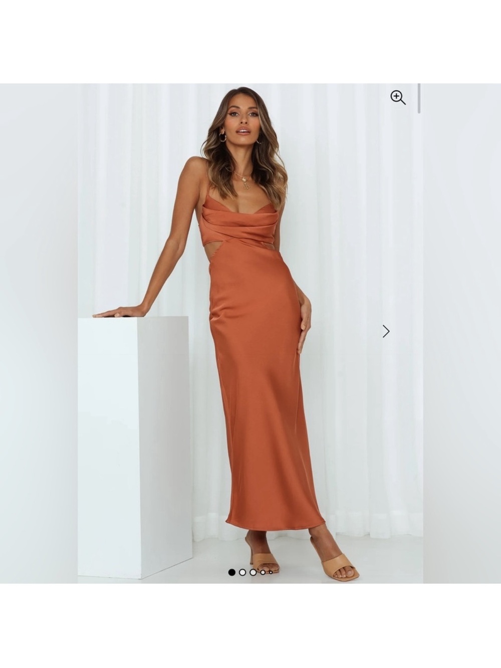 Satin Cowl Neck Slip Dress with slit in Rust